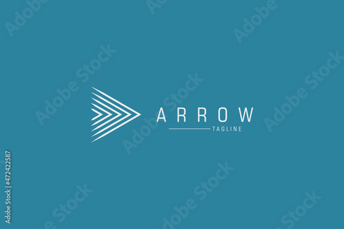Arrow Logo. White Geometric Striped Lines Right Arrows isolated on Blue Background. Usable for Business and Technology Logos. Flat Vector Logo Design Template Element.
