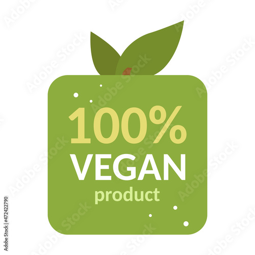 100% vegan product label. vector isolated badge. vegetarian food. product for vegan. green leaf and apple. 