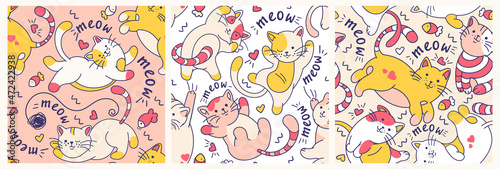 Doodle style seamless pattern with cartoon style cats. Drawing vector illustration.Used for fabric, apparel, packaging paper, digital paper, background.