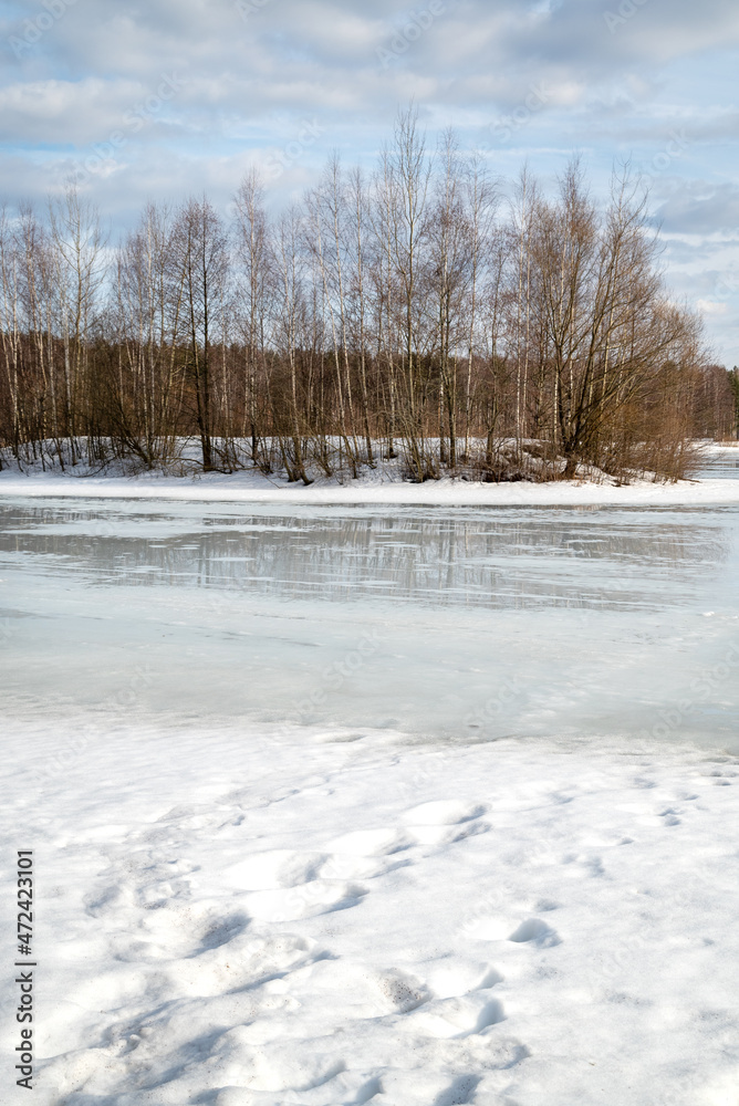 Lake with surface covered with melting snow and small island with bare trees in the distance, early spring landscape Lake with surface covered with melting snow and small island with bare trees in the distance, early spring landscape