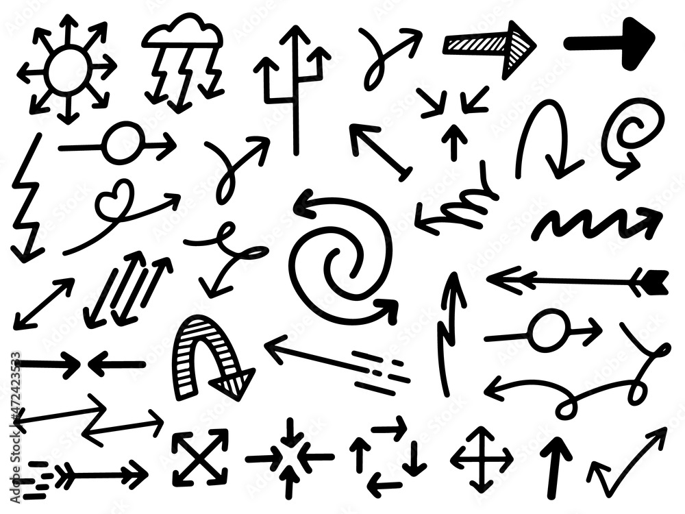 Doodle arrows icon set isolated on white. Black hand drawn arrow. Line drawing. Vector illustration Doodle arrows icon set isolated on white. Black hand drawn arrow. Line drawing. Vector illustration