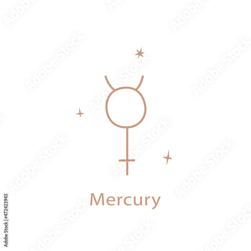 Astrological sign of the MERCURY, cute contour style. Magic card, bohemian design, tattoo, engraving, witch cover. Golden mystical hand drawing.