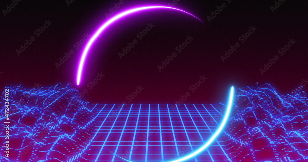 Image of neon circular scanner processing over blue grid landscape moving on black background