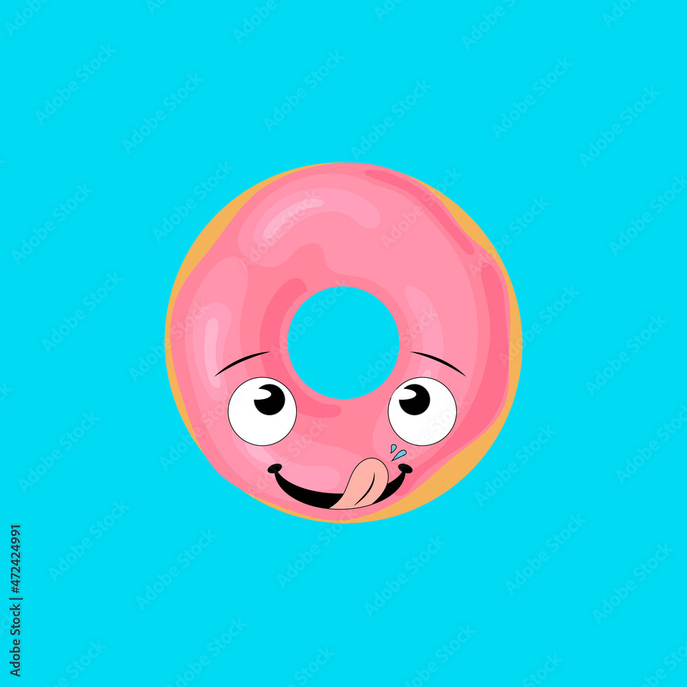 Fototapeta premium Pink Donut on Light Blue Background, Donut Licking Icing on Donut, Comic Style.