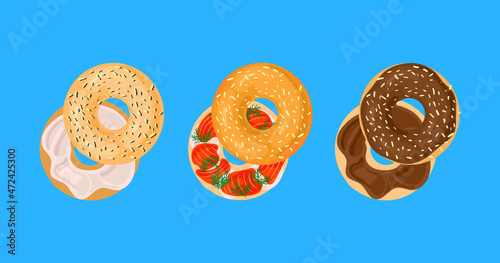 Bild auf Leinwand Set of Different Bagels Filled with Cream, Fish, Chocolate.