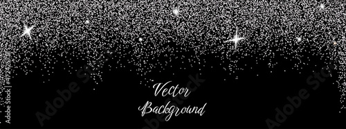Sparkling falling silver dust on black background. Vector horizontal background with glitter and space for text