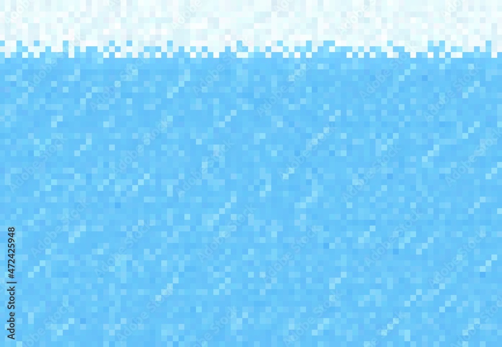 Cubic pixel game. Snow, ice and water blocks background, vector pattern of 8 bit art. Blue river or lake water with cubic pixel or mosaic 8bit graphic for computer video game level interface Cubic pixel game. Snow, ice and water blocks background, vector pattern of 8 bit art. Blue river or lake water with cubic pixel or mosaic 8bit graphic for computer video game level interface