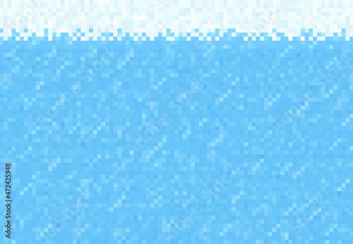 Cubic pixel game. Snow, ice and water blocks background, vector pattern of 8 bit art. Blue river or lake water with cubic pixel or mosaic 8bit graphic for computer video game level interface