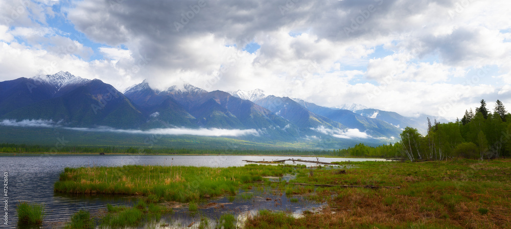 Russia. Panorama Landscape with mountains on summer day. Buryatia, Tunkinskaya valley