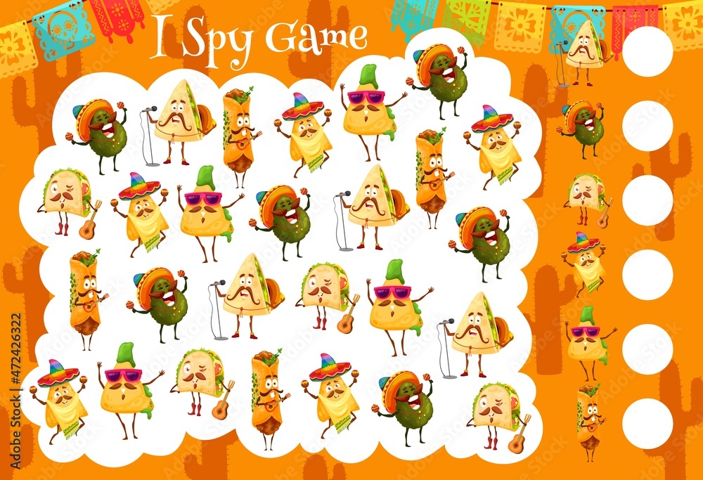 Obraz premium Tacos, avocado, burrito and nachos with quesadilla mexican characters. of I spy game vector worksheet. Find and match tabletop puzzle or kids riddle board game with food in sombrero and guitar