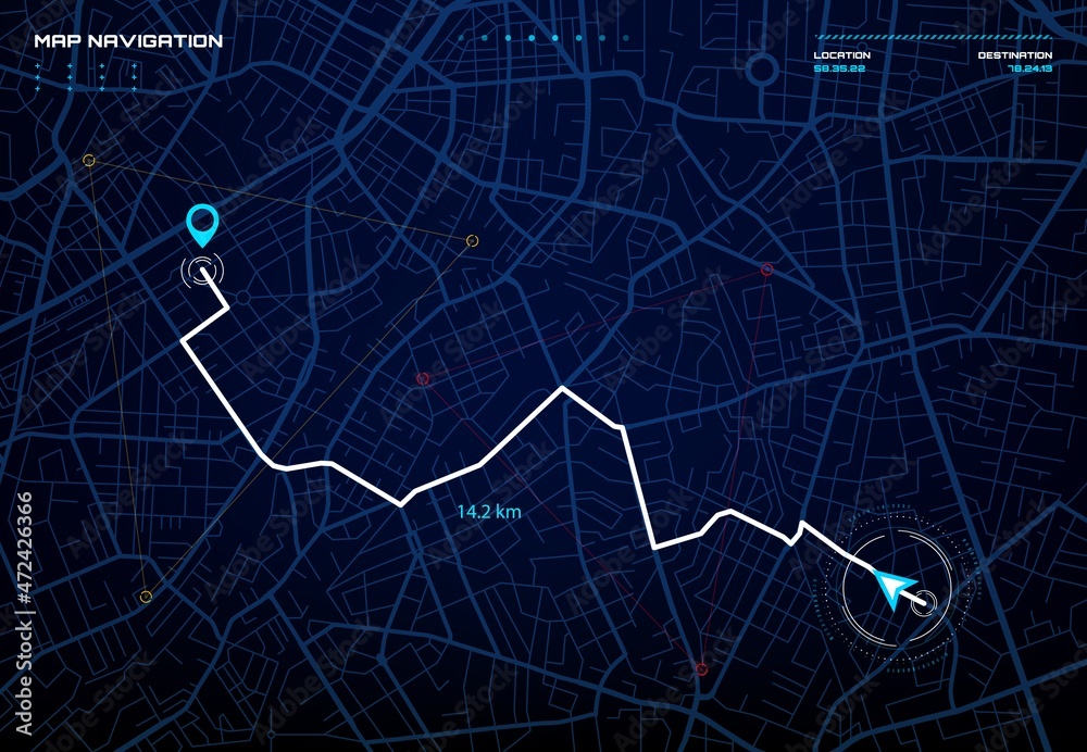 Obraz premium City map navigation interface. GPS navigator vector screen, street roads and location background. City map screen interface with road destination pin, compass and traffic route direction arrows