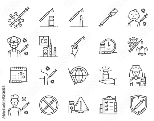 Virus vaccine and vaccination line icons with syringe, vaccine bottle, COVID virus cell and nurse character, clock, vector warning sign, old and young people, baby getting vaccination dose injection