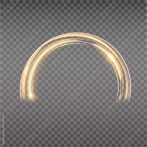 Gold magic arc. Abstract magic light effect. Luminous neon lines with flying lights.
