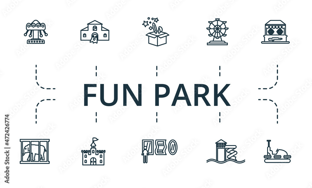 Fun Park icon set. Collection of simple elements such as the focus, bumper car, shooting gallery, water park, mirror room, castle.