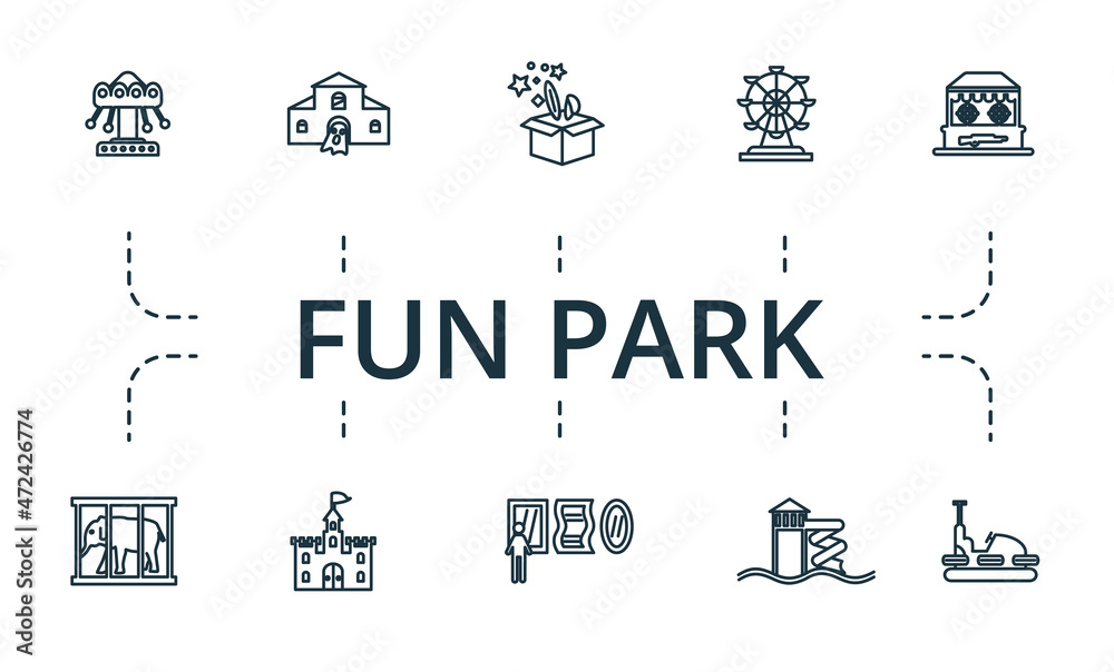 Fun Park icon set. Collection of simple elements such as the focus, bumper car, shooting gallery, water park, mirror room, castle. Fun Park icon set. Collection of simple elements such as the focus, bumper car, shooting gallery, water park, mirror room, castle.