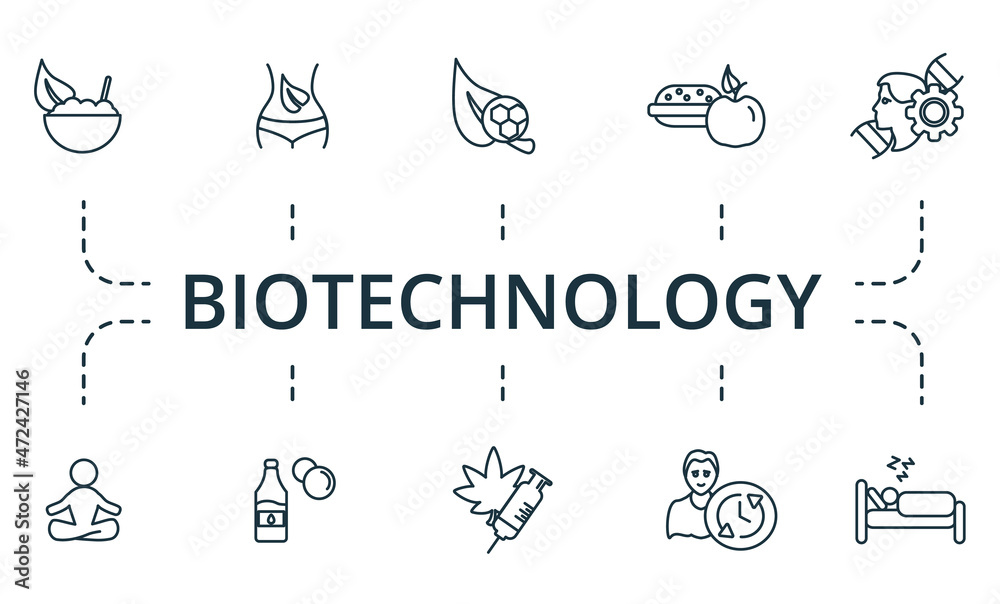 Biotechnology icon set. Collection of simple elements such as the detox, biohacking, child train, horse carousel, clown, tickets, fastfood.
