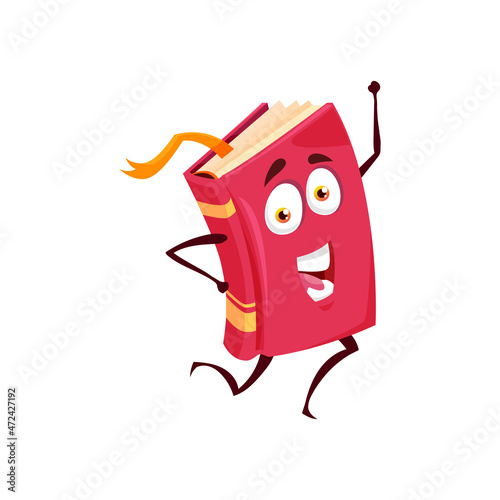 Happy running red book emoticon isolated kids textbook happy cartoon character. Vector fairytale bestseller, childish encyclopedia, pupil studets book with face, arms and legs. Funny kawaii textbook