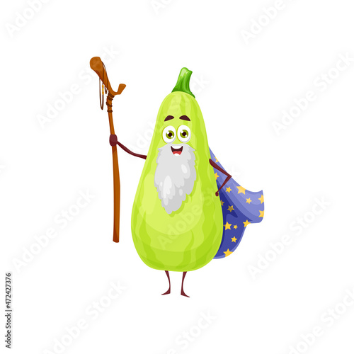 Happy zucchini or squash vegetable wizard character. Vector veggies necromancer, cartoon funny magician in cape with stars and wooden staff. Garden plant sorcerer, magic personage, enchanter food