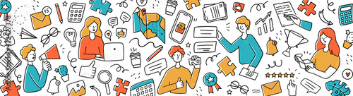 Doodle drawing with people and icons. Colorful banner with men and women promoting their business. Vector cartoon illustration