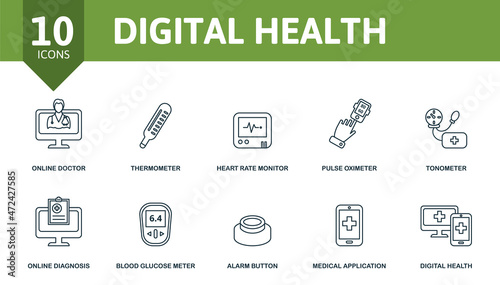 Digital Health icon set. Collection of simple elements such as the online doctor, thermometer, heart rate monitor, pulse oximeter, medical application, blood glucose meter, digital health.
