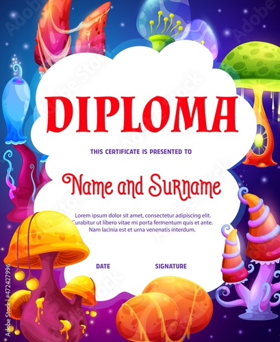 Kids diploma with fantasy luminous magic mushrooms. Cartoon vector certificate with fantastic fairy fungi plants. Education achievement award frame template, graduation or winner success celebration