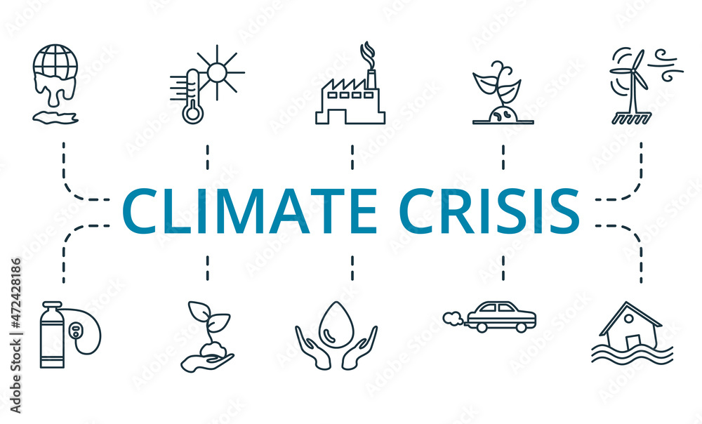 Climate Crisis icon set. Collection of simple elements such as the sapling, factory, wind power, save water, hot weather, natural oxygen.