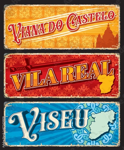 Viseu, Vila Real, Viana do Castelo portuguese provinces vector plates with district map silhouettes. Viana do Castelo cathedral and templar sword on background of azulejo tile pattern signs
