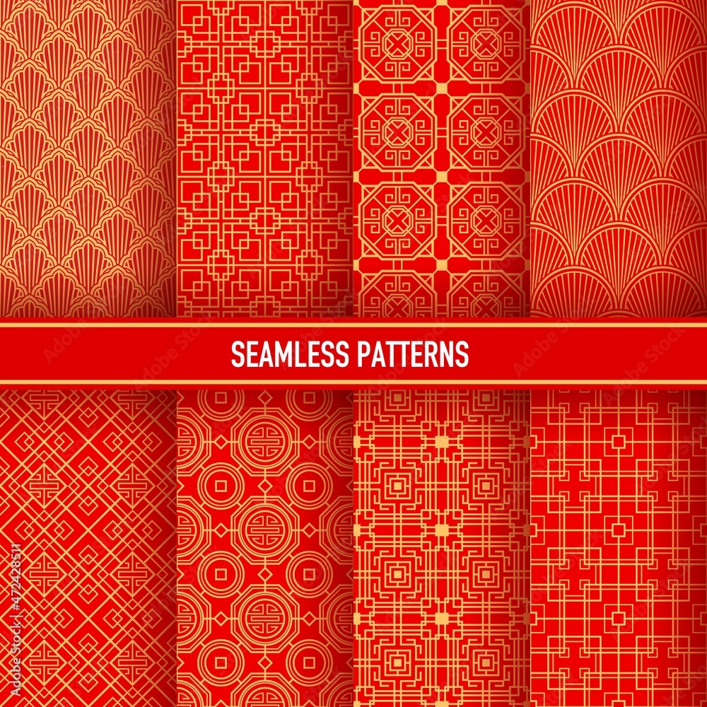 Asian seamless patterns. Korean, chinese and japanese ornaments, golden embellishments on red background. Vector traditional asian decorative textile, wallpaper, vintage oriental patterns