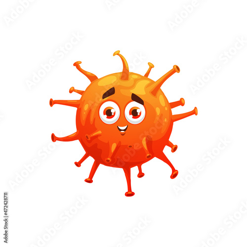 Cartoon red virus character, vector antiviral and immune health protection. Virus cell of flu or coronavirus, bacteria or microbe viral disease protection and antiviral pathogen vaccination