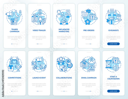 Launching small business tips onboarding mobile app page screen set. Startup boost walkthrough 5 steps graphic instructions with concepts. UI, UX, GUI vector template with linear color illustrations