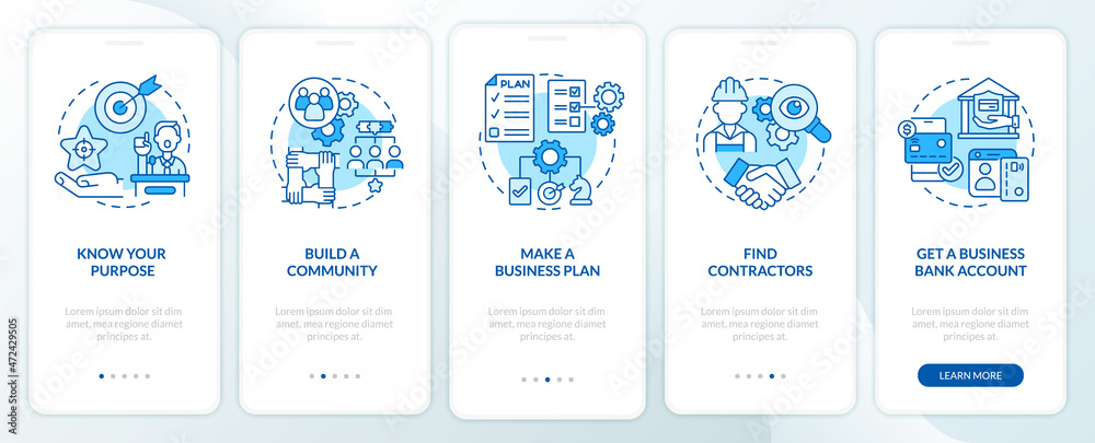 Startup development tips onboarding mobile app page screen. Entrepreneurship walkthrough 5 steps graphic instructions with concepts. UI, UX, GUI vector template with linear color illustrations