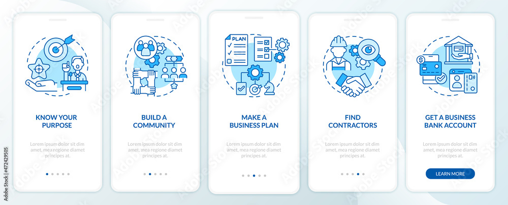 Startup development tips onboarding mobile app page screen. Entrepreneurship walkthrough 5 steps graphic instructions with concepts. UI, UX, GUI vector template with linear color illustrations Startup development tips onboarding mobile app page screen. Entrepreneurship walkthrough 5 steps graphic instructions with concepts. UI, UX, GUI vector template with linear color illustrations