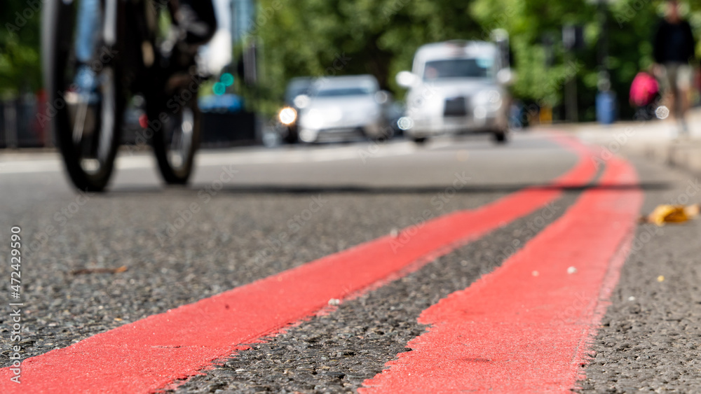 Double Red lines on a busy road in London Double Red lines on a busy road in London