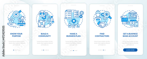 Startup development tips onboarding mobile app page screen. Entrepreneurship walkthrough 5 steps graphic instructions with concepts. UI, UX, GUI vector template with linear color illustrations © bsd studio