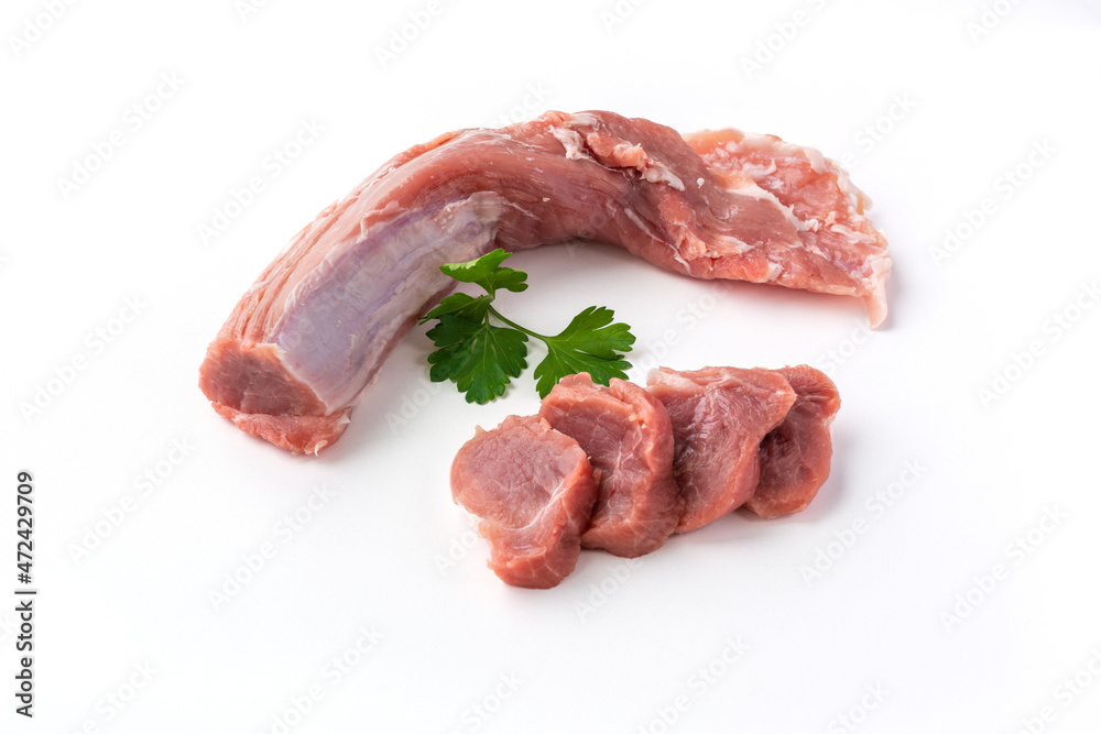 Raw pork tenderloin meat on a white background