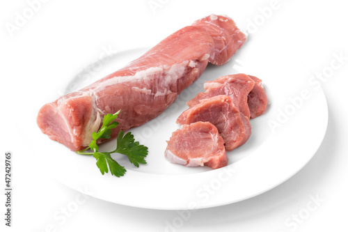 Bilde på lerret Raw pork tenderloin meat on a white background