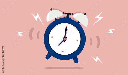 Ringing alarm clock - Vintage wake up clock jumping and making loud noise Vector illustration with flat design.