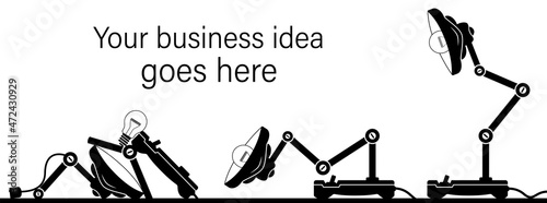 Disassembled and assembled office lamps with bulb vector illustration. Creative business idea concept design to use in advertising, invention, teamwork, brainstorm, infographics projects.