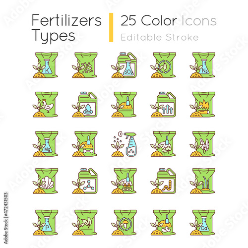 Fertilizers type RGB color icons set. Organic, chemical supplements. Soil, plants additives. Growth increasing. Isolated vector illustrations. Simple filled line drawings collection. Editable stroke