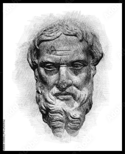 Pencil sketch drawing of the Herodotus ancient greek historian and writer. (c. 484 BC  – c. 425 BC). Poster, Wall Decoration, Postcard, Social Media Banner, Brochure, Background. Vector Pattern.