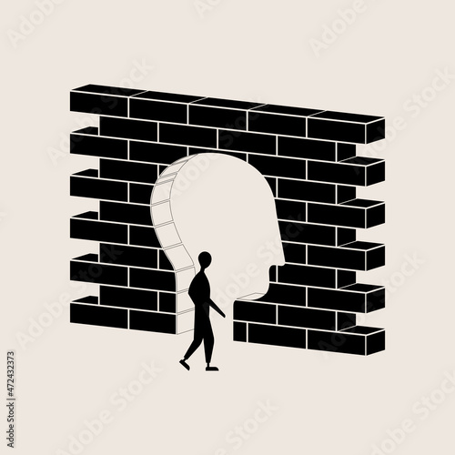 Overcoming own doubts, possibilities or skills. Ways to Overcome Barriers. Vector illustration of man passing through his own head as wall