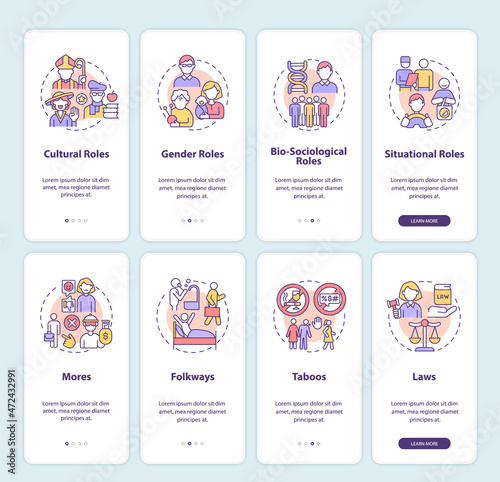 Social roles and norms set onboarding mobile app page screen. Personal activity set walkthrough 8 steps graphic instructions with concepts. UI, UX, GUI vector template with linear color illustrations