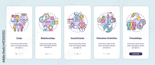 Social participation examples onboarding mobile app page screen. Group activity walkthrough 4 steps graphic instructions with concepts. UI, UX, GUI vector template with linear color illustrations