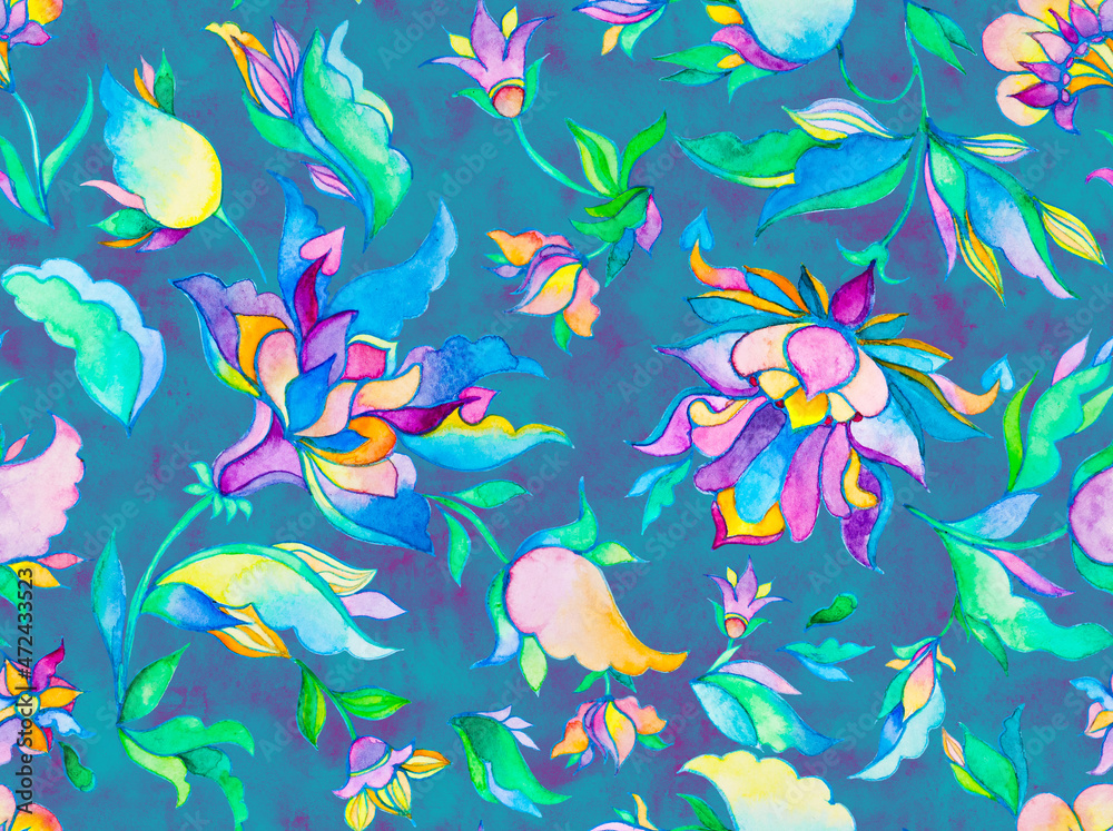 Fototapeta premium Paisley watercolor floral pattern tile: flowers, flores, tulips, leaves. Oriental indian traditional hand painted water color whimsical seamless print, ceramic design. Abstract india batik background