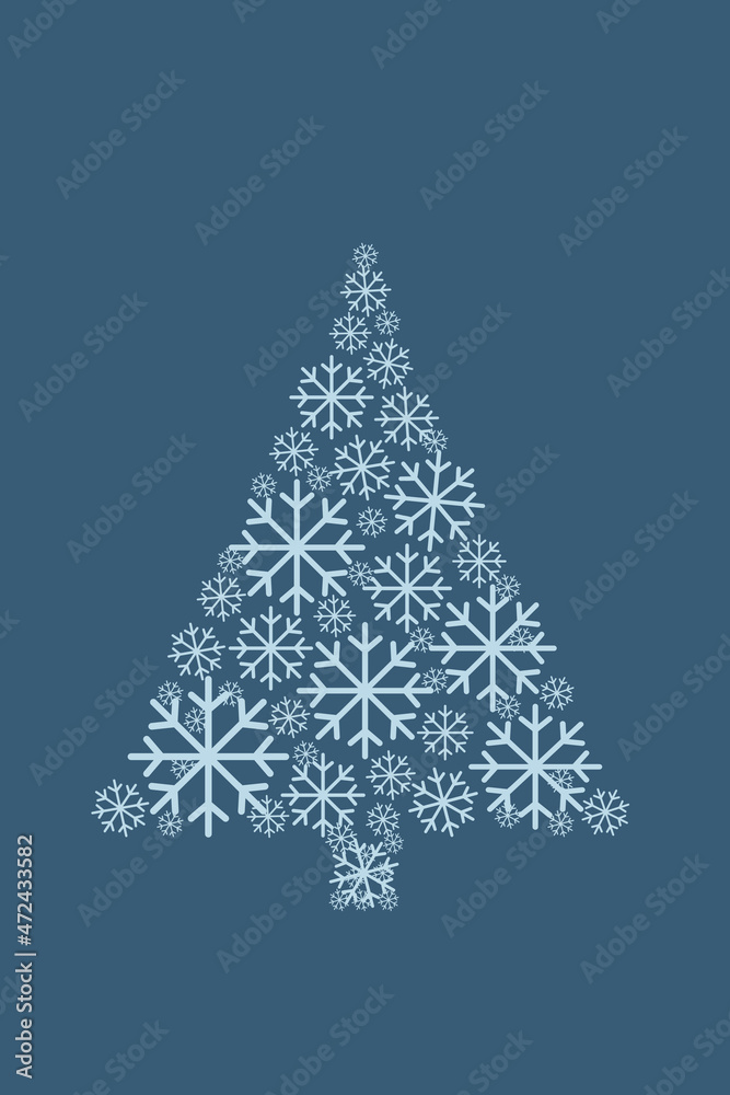 Illustration of a Christmas tree made of snowflakes on a blue background. Winter banner and layout, product packaging with snowflake, place for text. Snow abstract pattern. Christmas theme, new year Illustration of a Christmas tree made of snowflakes on a blue background. Winter banner and layout, product packaging with snowflake, place for text. Snow abstract pattern. Christmas theme, new year