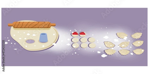 Raw rolled dough on the table. Making semi-finished products.  Varenyky with stuffing.  Cooking at home or at work. Colorful background. Collage for web design. Cartoon flat illustration. Close-up. 
