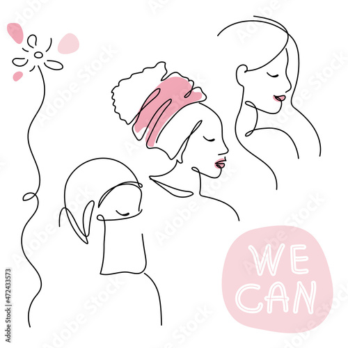 Feminist girl power face different nationality with lettering WE CAN. Vector Illustration continuous one line art