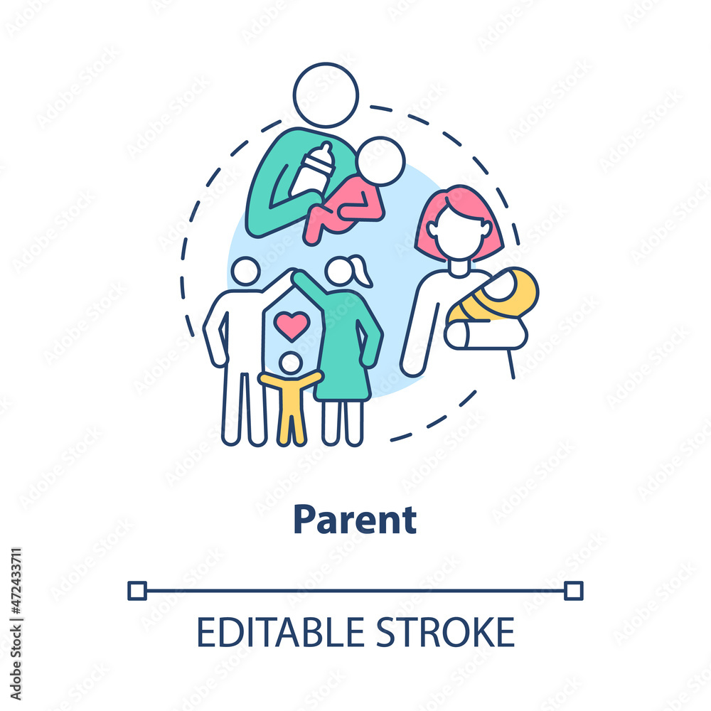 Parent role in society concept icon. Father mother in community. Moral norms and expectation abstract idea thin line illustration. Vector isolated outline color drawing. Editable stroke Parent role in society concept icon. Father mother in community. Moral norms and expectation abstract idea thin line illustration. Vector isolated outline color drawing. Editable stroke