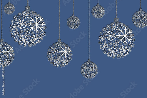 Illustration of a Christmas tree toy made of snowflakes on a blue background. Winter banner and layout  product packaging with snowflake  place for text. Snow abstract pattern. Christmas theme  new ye