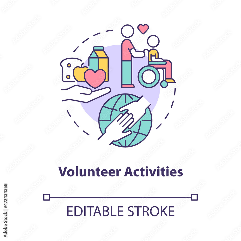 Volunteer activities concept icon. Charity participation in community. Support engagement abstract idea thin line illustration. Vector isolated outline color drawing. Editable stroke
